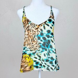 Chelsea Flower Silk Abstract Animal Print Cami Tank Turquoise White Yellow XS